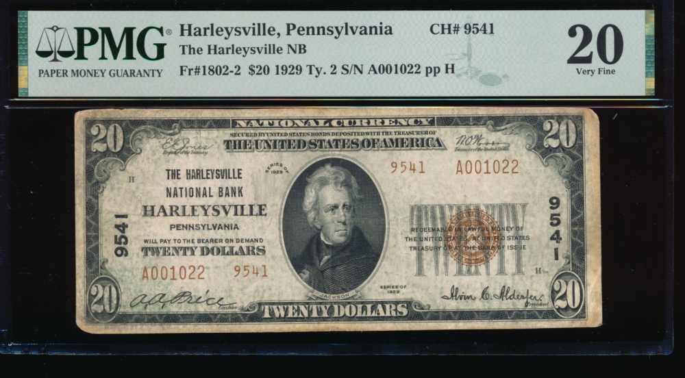 Fr. 1802-2 1929 $20  National: Type II Ch #9541 The Harleysville NB PMG 20 comment A001022
