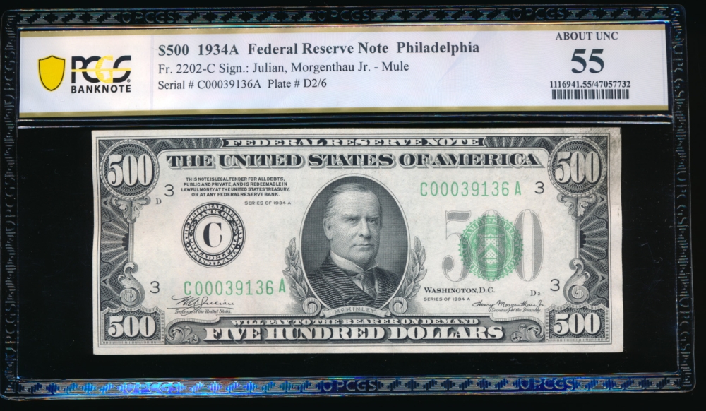 Fr. 2202-C 1934A $500  Federal Reserve Note Philadelphia PCGS 55 C00039136A