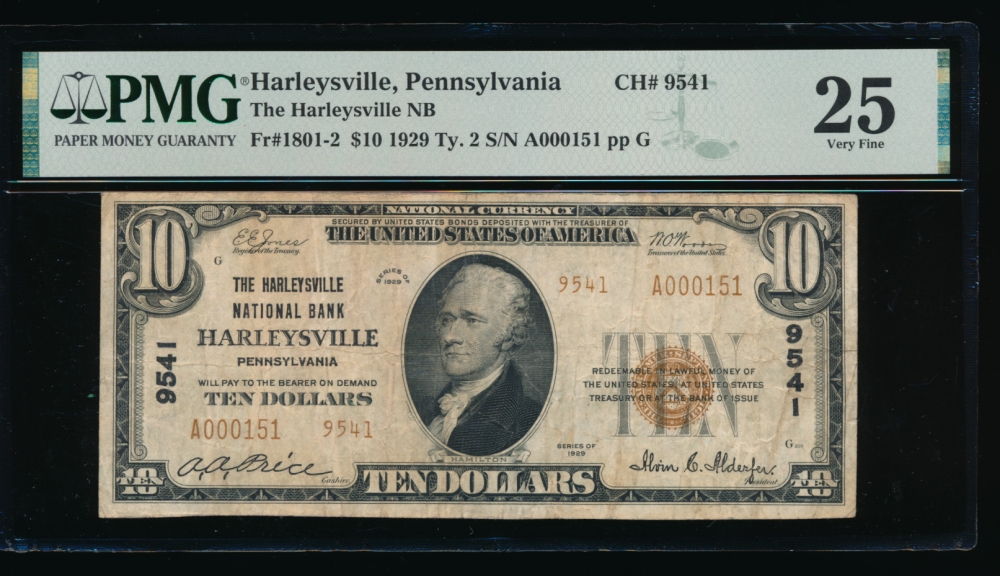 Fr. 1801-2 1929 $10  National: Type II Ch #9541 The Harleysville National Bank, Harleysville, Pennsylvania PMG 25 A000151