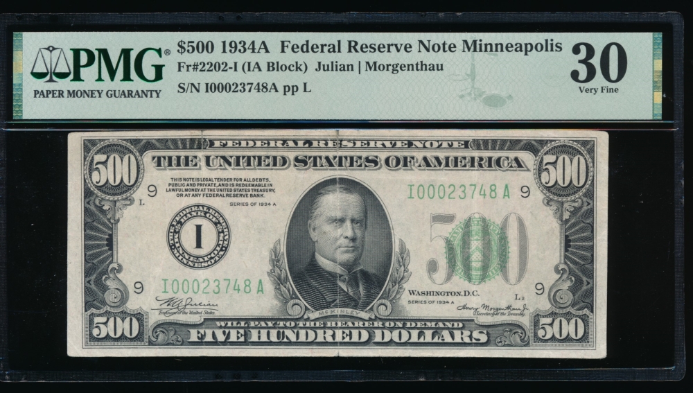 Fr. 2202-I 1934A $500  Federal Reserve Note Minneapolis PMG 30 comment I00023748A