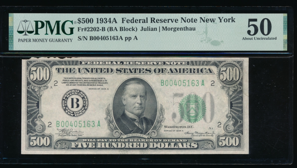 Fr. 2202-B 1934A $500  Federal Reserve Note New York PMG 50 comment B00405163A