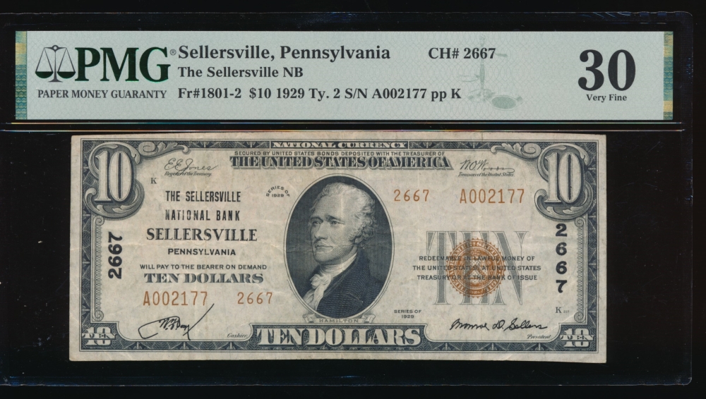 Fr. 1801-2 1929 $10  National: Type II Ch #2667 The Sellersville National Bank, Sellersville, Pennsylvania PMG 30 A002177
