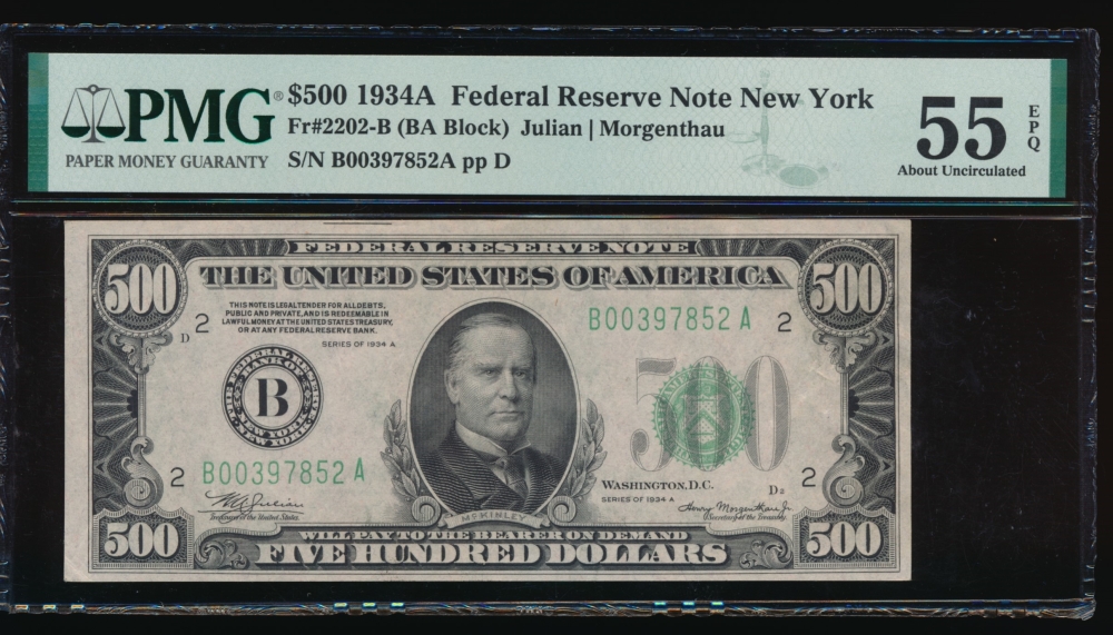 Fr. 2202-B 1934A $500  Federal Reserve Note New York PMG 55EPQ B00397852A