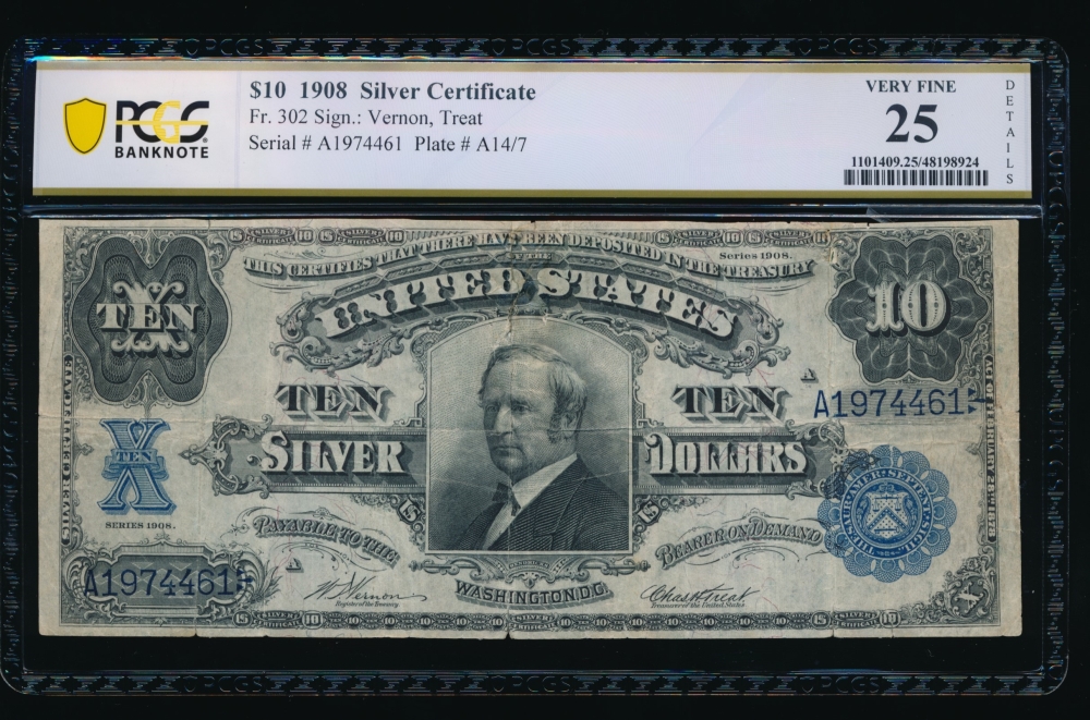 Fr. 302 1908 $10  Silver Certificate  PCGS 25 details A1974461