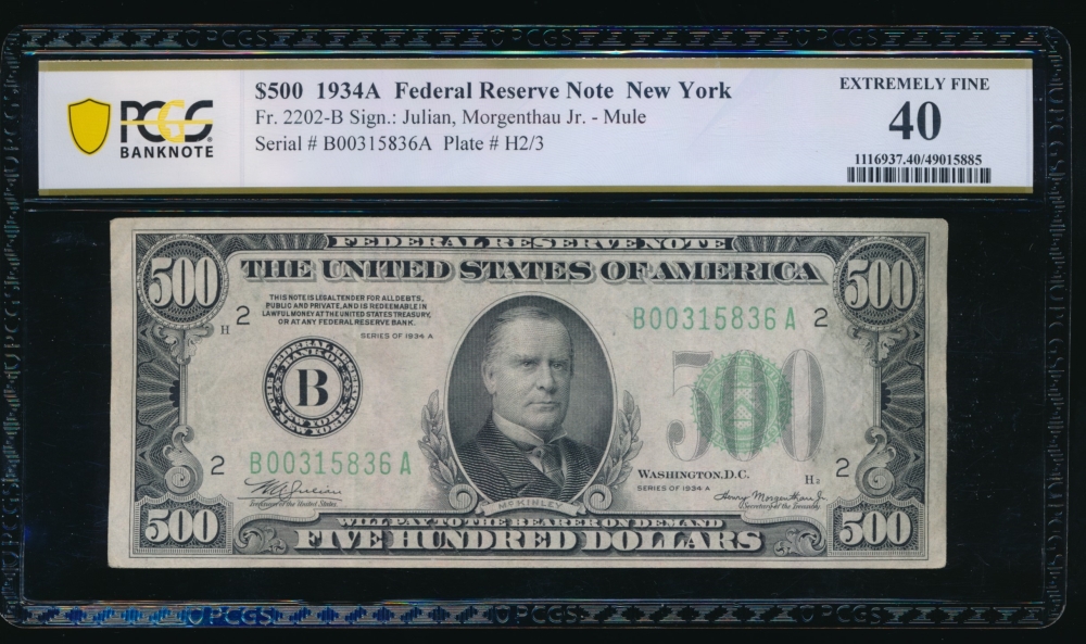 Fr. 2202-B 1934A $500  Federal Reserve Note New York PCGS 40 B00315836A