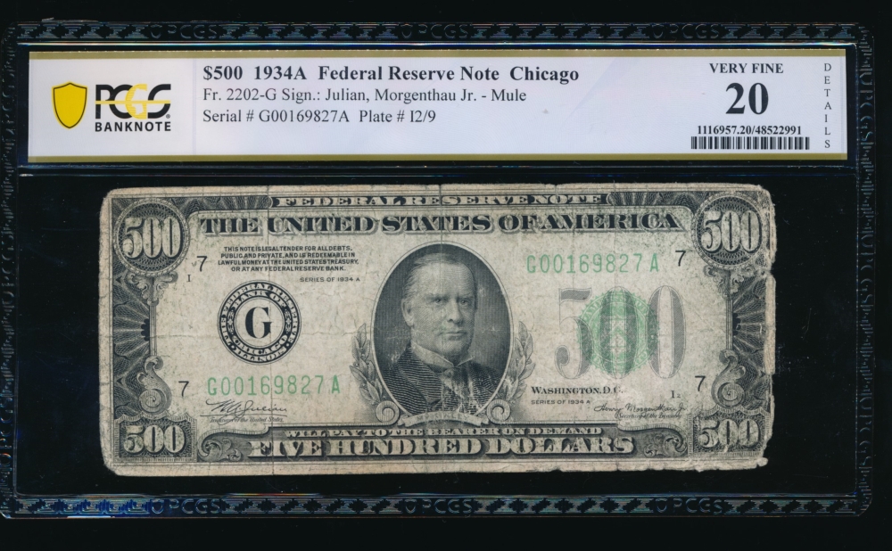 Fr. 2202-G 1934A $500  Federal Reserve Note Chicago PCGS 20 details G00169827A