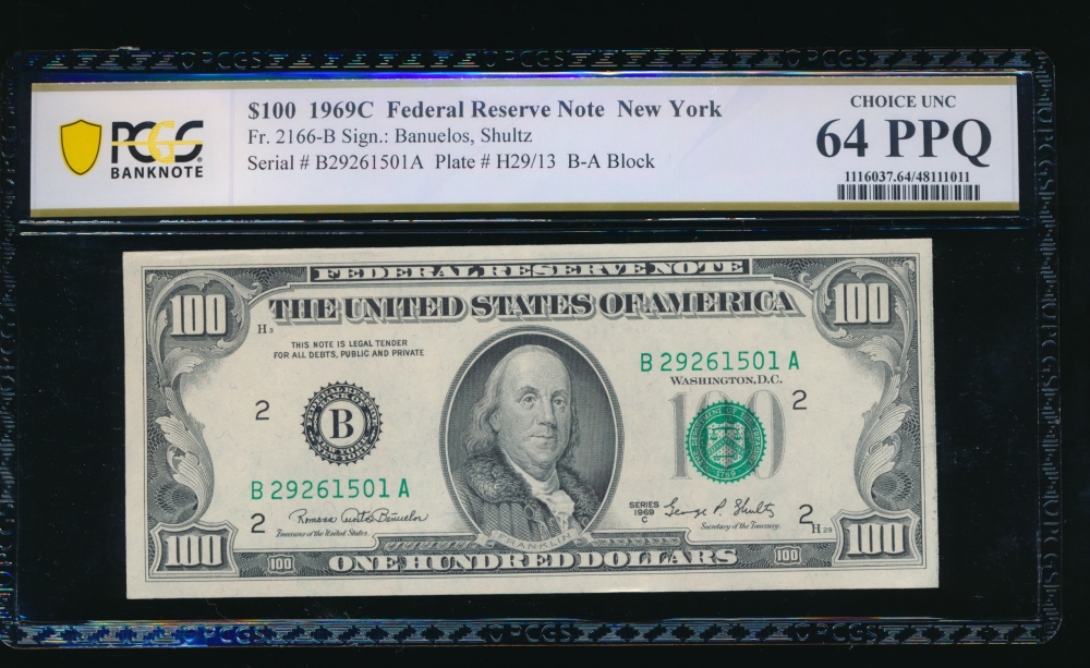Fr. 2166-B 1969C $100  Federal Reserve Note New York PCGS 64PPQ B27261501A