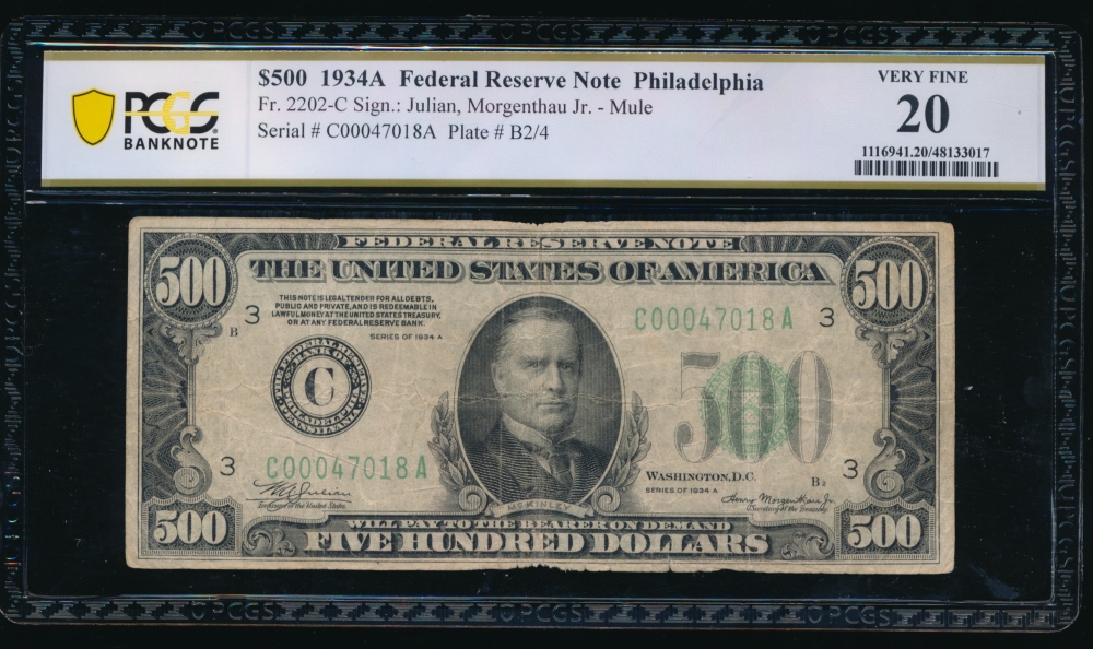 Fr. 2202-C 1934A $500  Federal Reserve Note Philadelphia PCGS 20 comment C00047018A