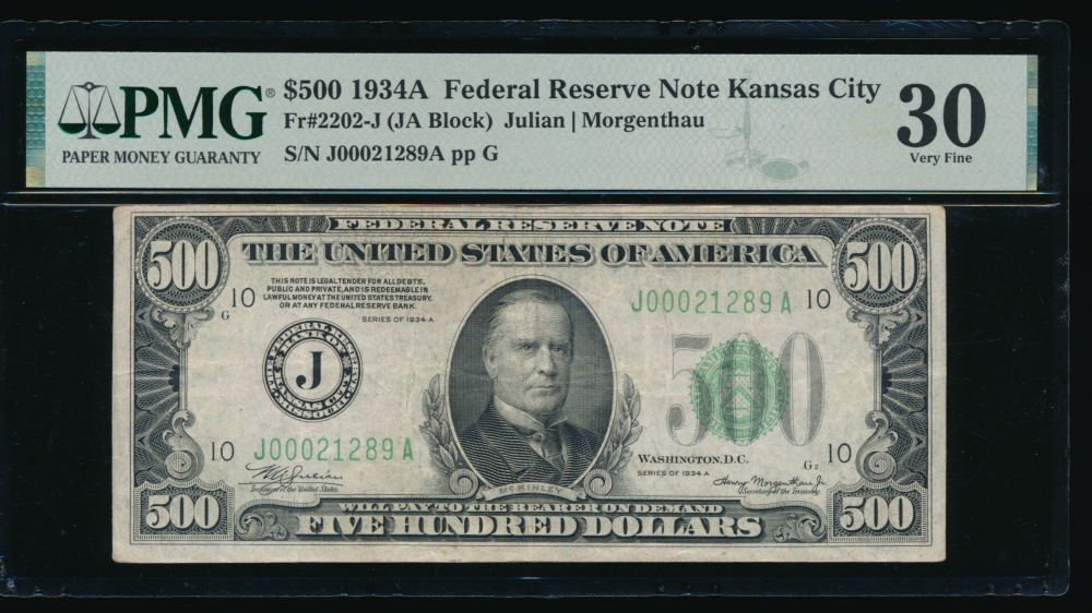 Fr. 2202-J 1934A $500  Federal Reserve Note Kansas City PMG 30 J00021289A