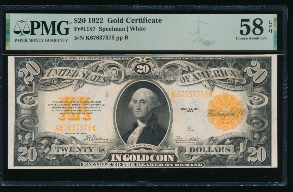 Fr. 1187 1922 $20  Gold Certificate  PMG 58EPQ K67637378