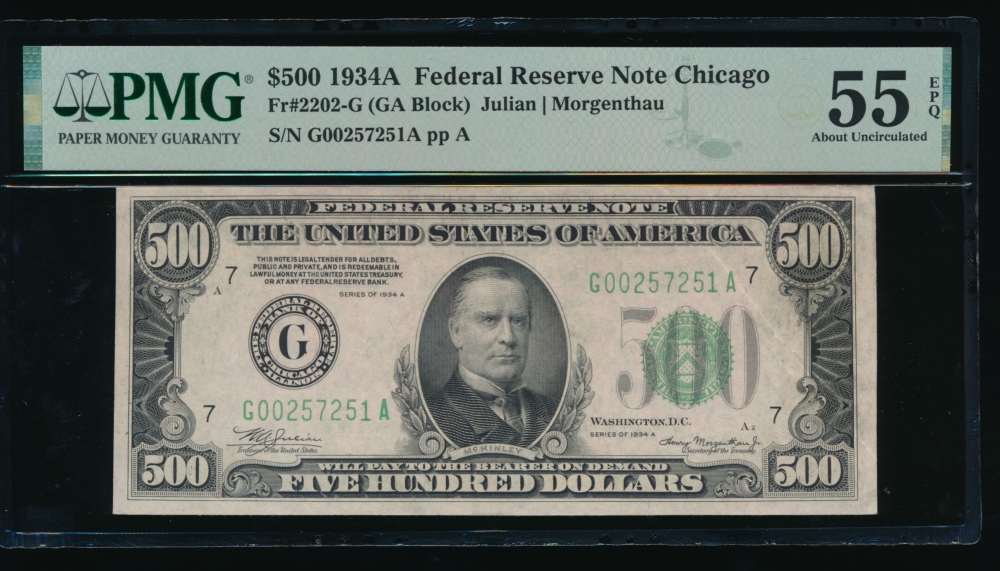 Fr. 2202-G 1934A $500  Federal Reserve Note Chicago PMG 55EPQ G00257251A