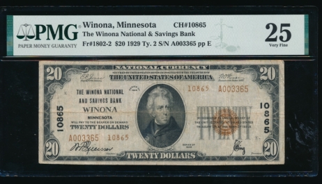 Fr. 1802-2 1929 $20  National: Type II Ch #10865 The Winona National and Savings Bank Winona, Minnesota PMG 25 A003365