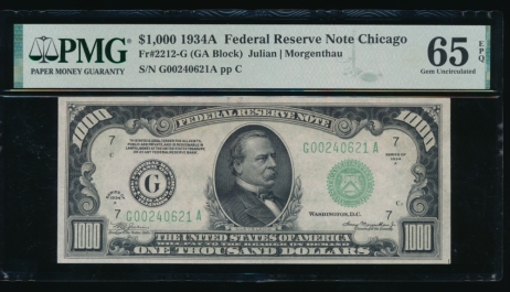 Fr. 2212-G 1934A $1,000  Federal Reserve Note Chicago PMG 65EPQ G00240621A