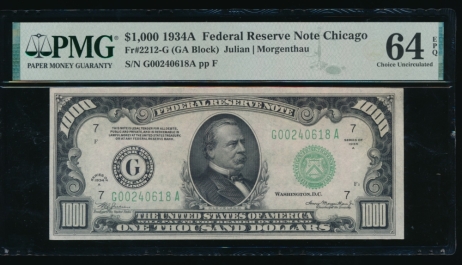 Fr. 2212-G 1934A $1,000  Federal Reserve Note Chicago PMG 64EPQ G00240618A