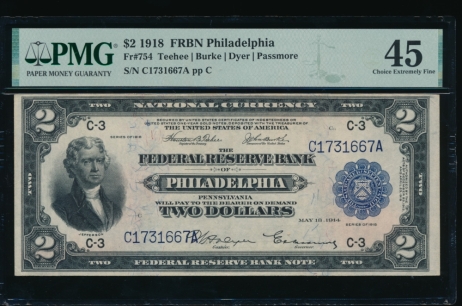 Fr. 754 1918 $2  FRBN Philadelphia PMG 45 C1731667A