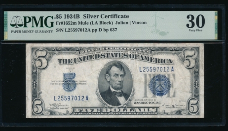 Fr. 1652 1934B $5  Silver Certificate LA block, mule PMG 30 L25597012A