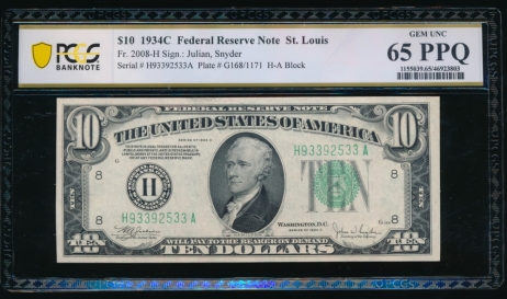 Fr. 2008-H 1934C $10  Federal Reserve Note Saint Louis PCGS 65PPQ H93392533A