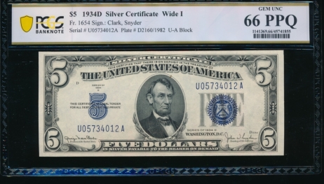 Fr. 1654 1934D $5  Silver Certificate Wide I, UA block PCGS 66PPQ U05734012A