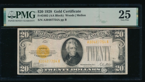 Fr. 2402 1928 $20  Gold Certificate  PMG 25 A30487754A