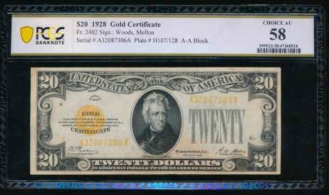 Fr. 2402 1928 $20  Gold Certificate  PCGS 58 comment A32087306A