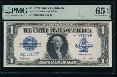 Fr. 237 1923 $1  Silver Certificate XB block PMG 65EPQ X4059475B
