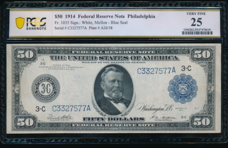 Fr. 1035 1914 $50  Federal Reserve Note Philadelphia PCGS 25 C3327577A
