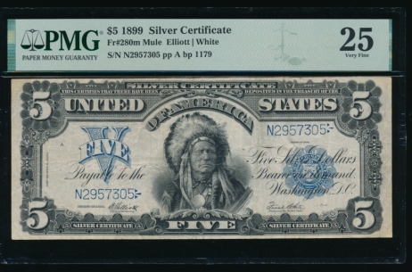 Fr. 280 1899 $5  Silver Certificate mule PMG 25 N2957305