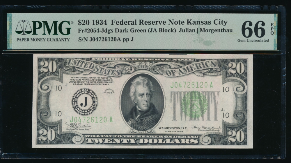 Fr. 2054-J 1934 $20  Federal Reserve Note Kansas City PMG 66EPQ J04726120A