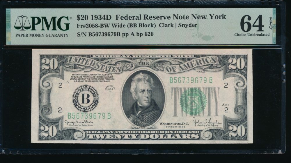 Fr. 2058-B 1934D $20  Federal Reserve Note  PMG 64EPQ B56739679B