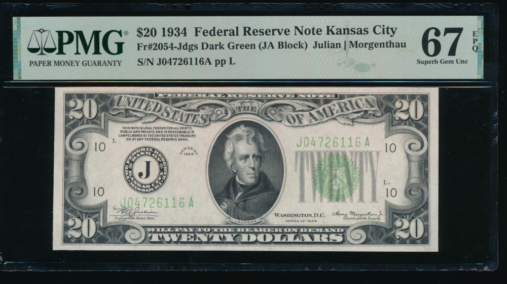 Fr. 2054-J 1934 $20  Federal Reserve Note Kansas City PMG 67EPQ J04726116A