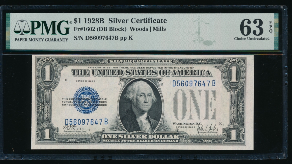 Fr. 1602 1928B $1  Silver Certificate DB block PMG 63EPQ D56097647A