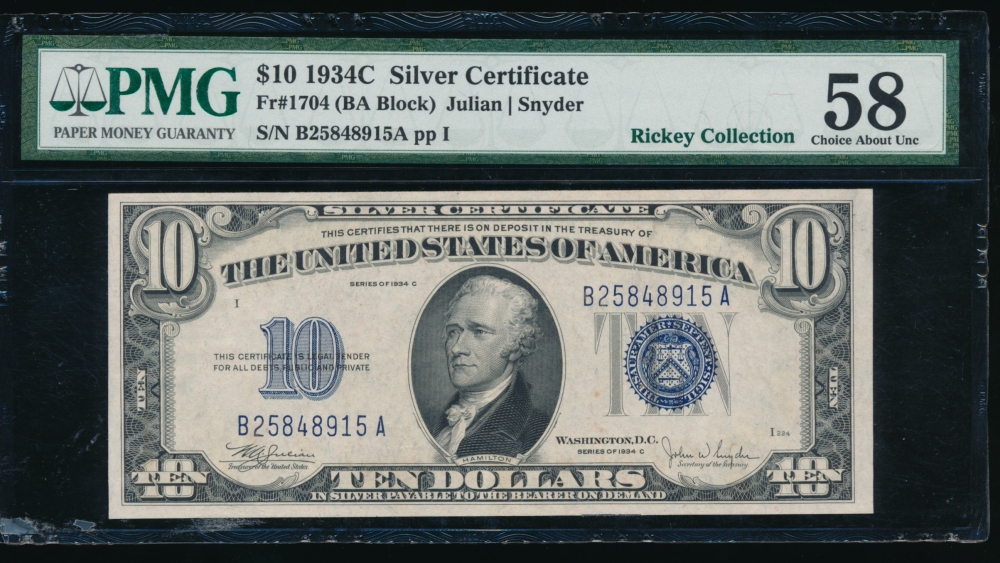 Fr. 1704 1934C $10  Silver Certificate BA block PMG 58 B25848915A