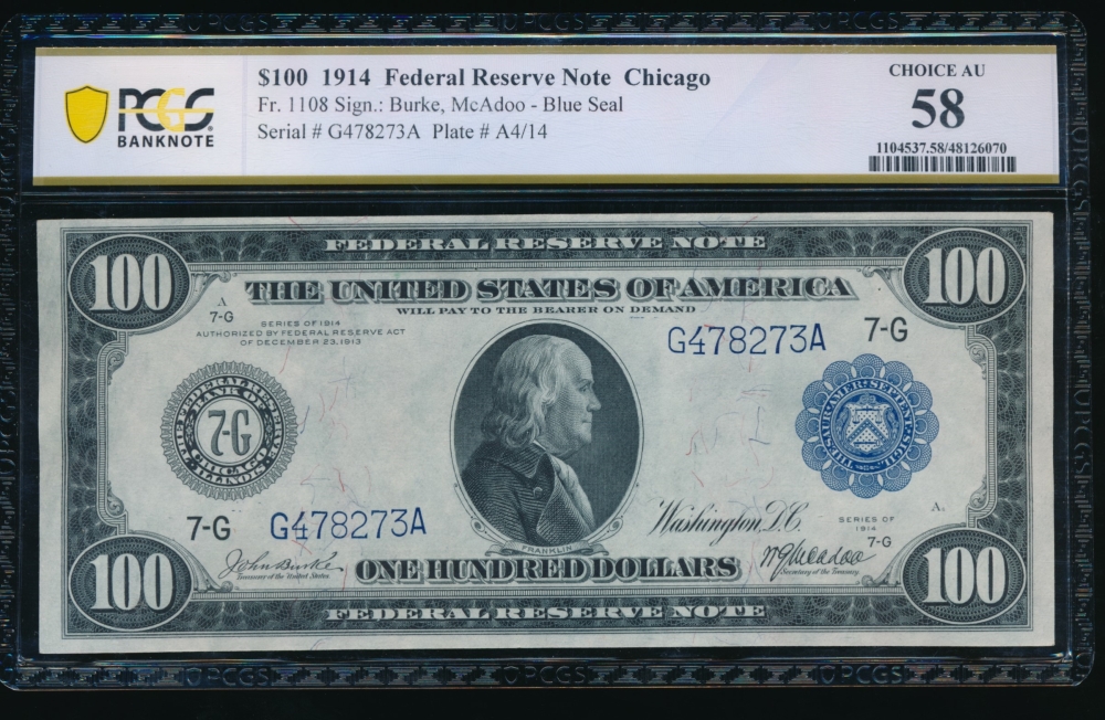 Fr. 1108 1914 $100  Federal Reserve Note Chicago PCGS 58 G478273A