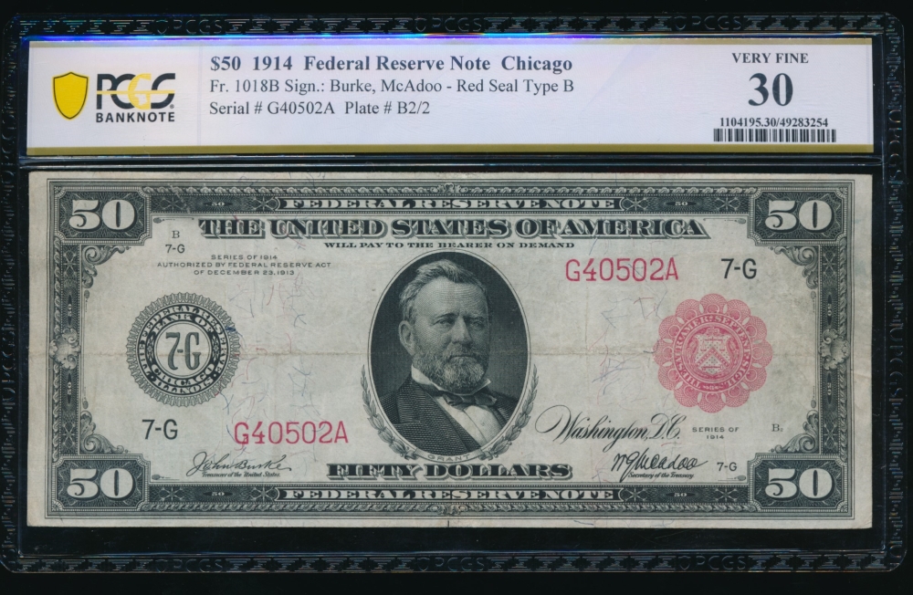 Fr. 1018b 1914 $50  Federal Reserve Note Chicago red seal PCGS 30 G40502A