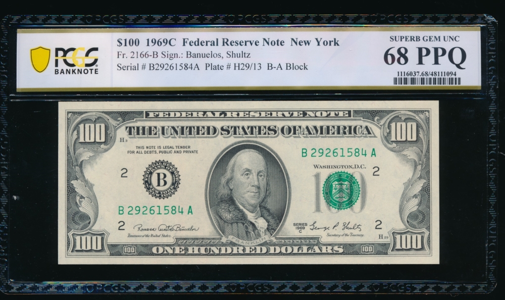 Fr. 2166-B 1969C $100  Federal Reserve Note New York PCGS 68PPQ B27261584A