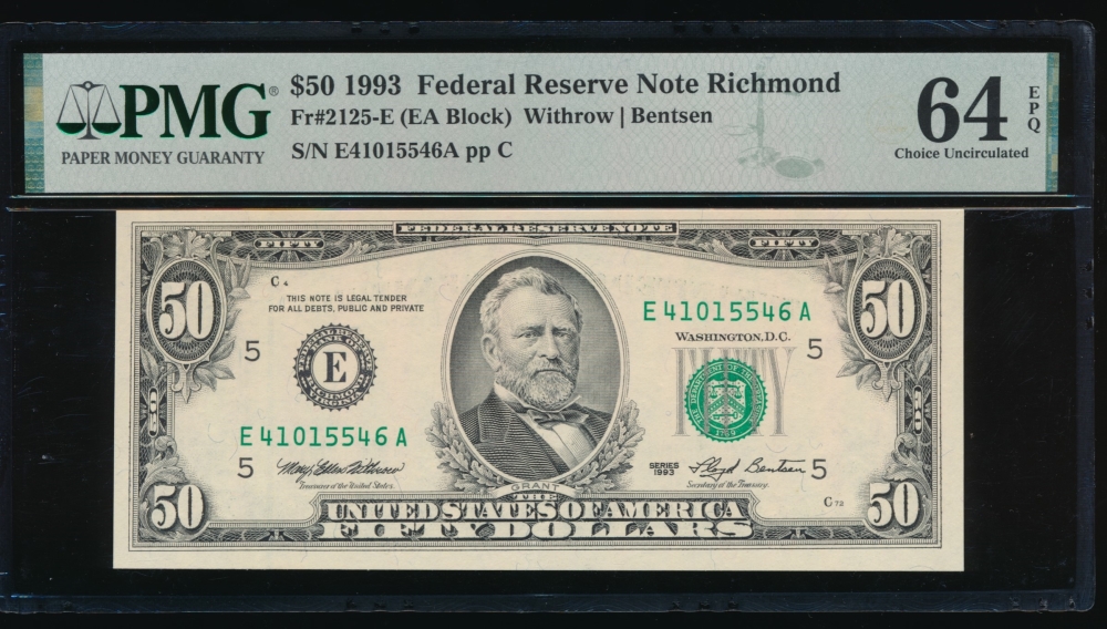 Fr. 2125-E 1993 $50  Federal Reserve Note Richmond PMG 64EPQ E41015546A