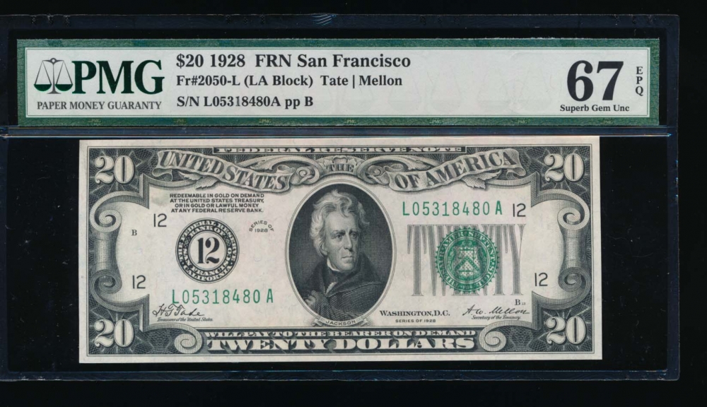 Fr. 2050-L 1928 $20  Federal Reserve Note San Francisco PMG 67EPQ L05318480A obverse