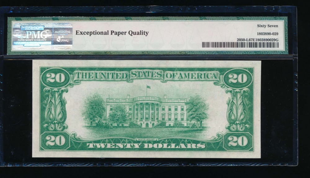 Fr. 2050-L 1928 $20  Federal Reserve Note San Francisco PMG 67EPQ L05318480A reverse