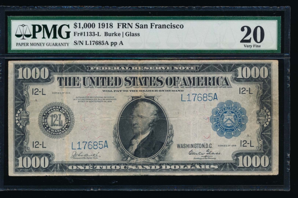Fr. 1133-L 1918 $1,000  Federal Reserve Note San Francisco PMG 20 L17685A