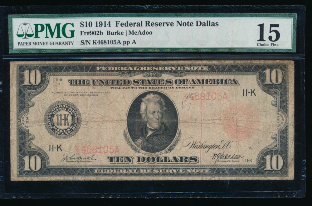 Fr. 902b 1914 $10  Federal Reserve Note red seal Dallas PMG 15 K4668105A