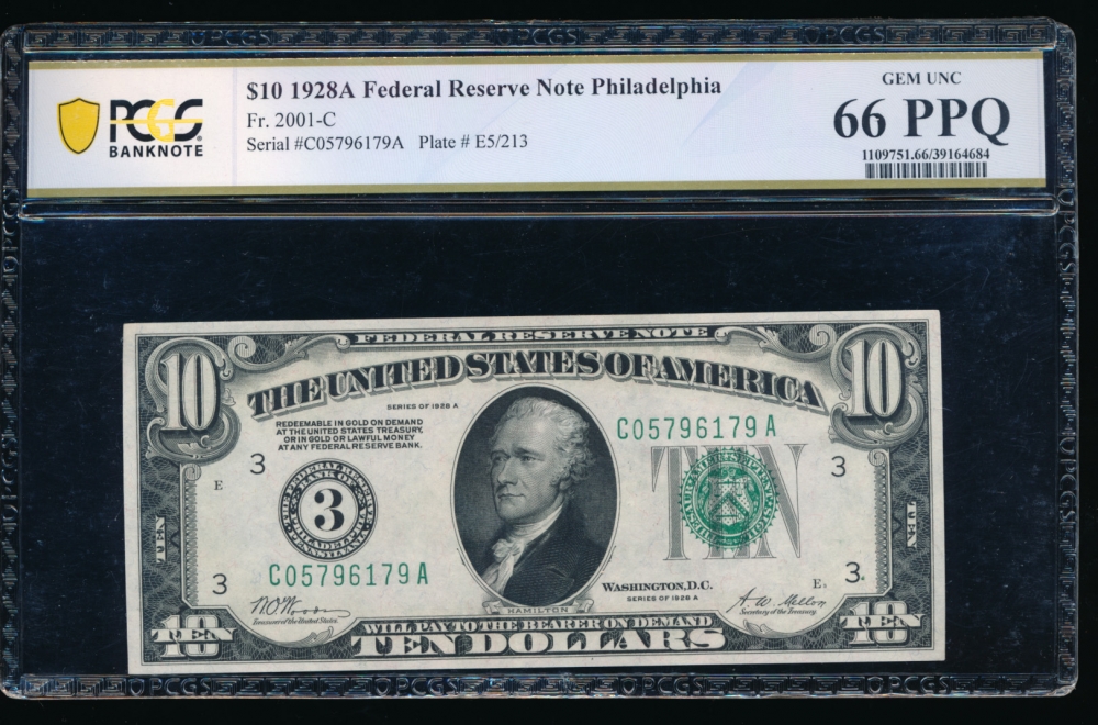 Fr. 2001-C 1928A $10  Federal Reserve Note Philadelphia PCGS 66PPQ C05796179A