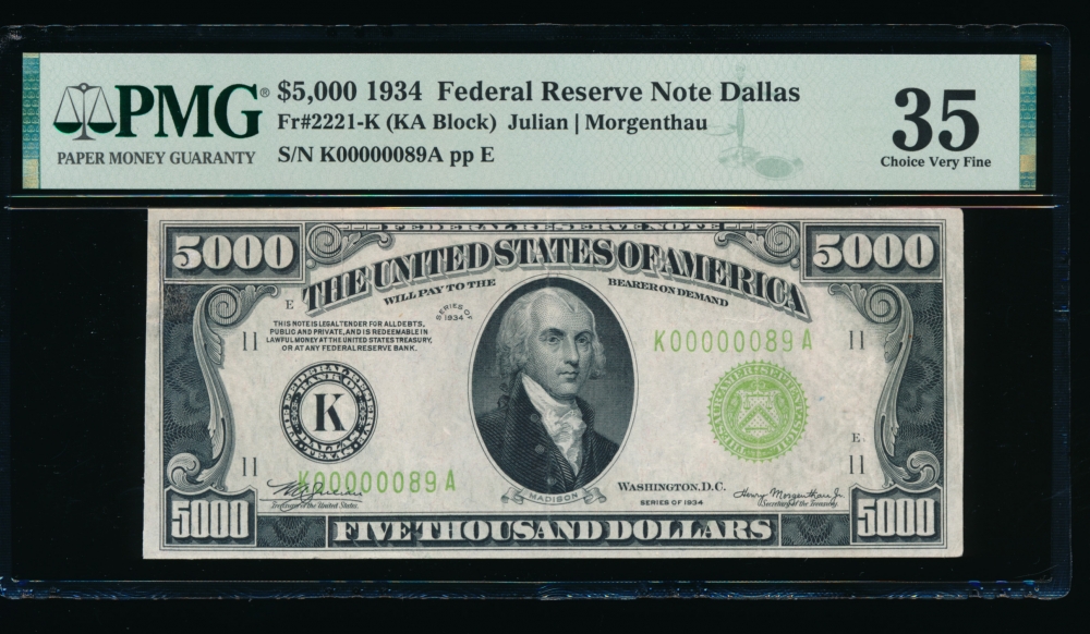 Fr. 2221-K 1934 $5,000  Federal Reserve Note  PMG 35 comment K00000089A