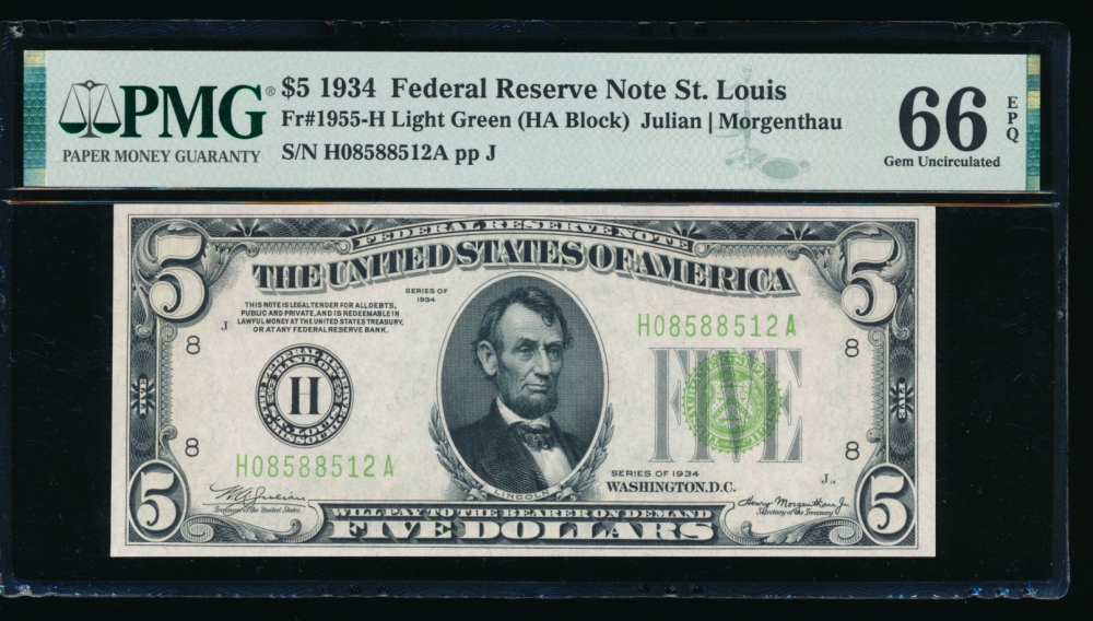 Fr. 1955-H 1934 $5  Federal Reserve Note Saint Louis LGS PMG 66EPQ H08588512A