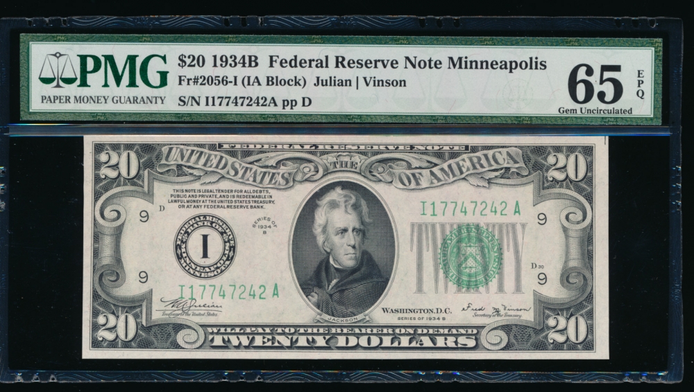 Fr. 2056-I 1934B $20  Federal Reserve Note Minneapolis PMG 65EPQ I17747242A