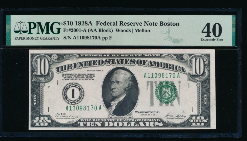 Fr. 2001-A 1928A $10  Federal Reserve Note Boston PMG 40 A11098170A