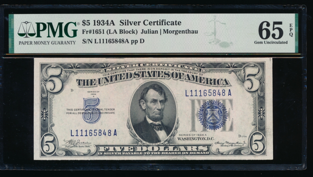 Fr. 1651 1934A $5  Silver Certificate LA block PMG 65EPQ L11165848A