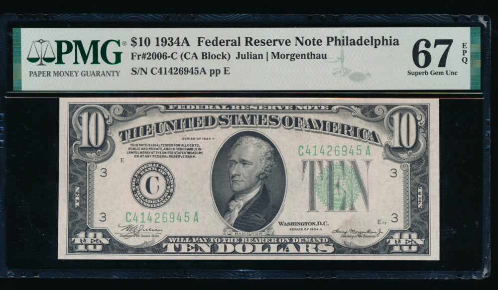 Fr. 2006-C 1934A $10  Federal Reserve Note Philadelphia PMG 67EPQ C41426945A