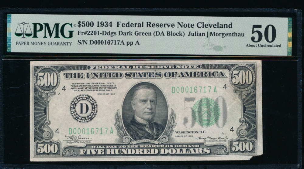Fr. 2201-D 1934 $500  Federal Reserve Note Cleveland PMG 50 comment D00016717A