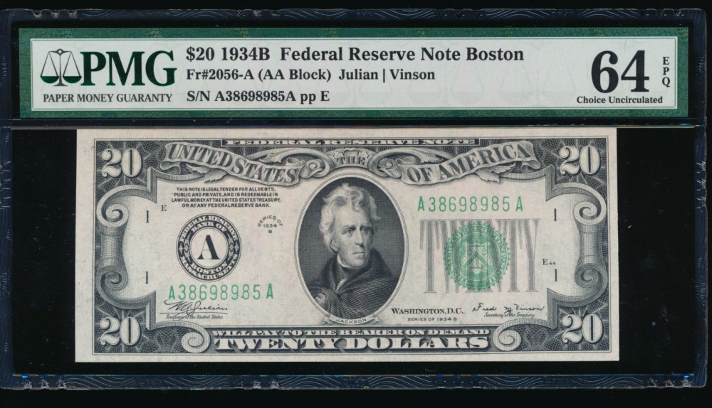 Fr. 2056-A 1934B $20  Federal Reserve Note Boston PMG 64EPQ A38698985A