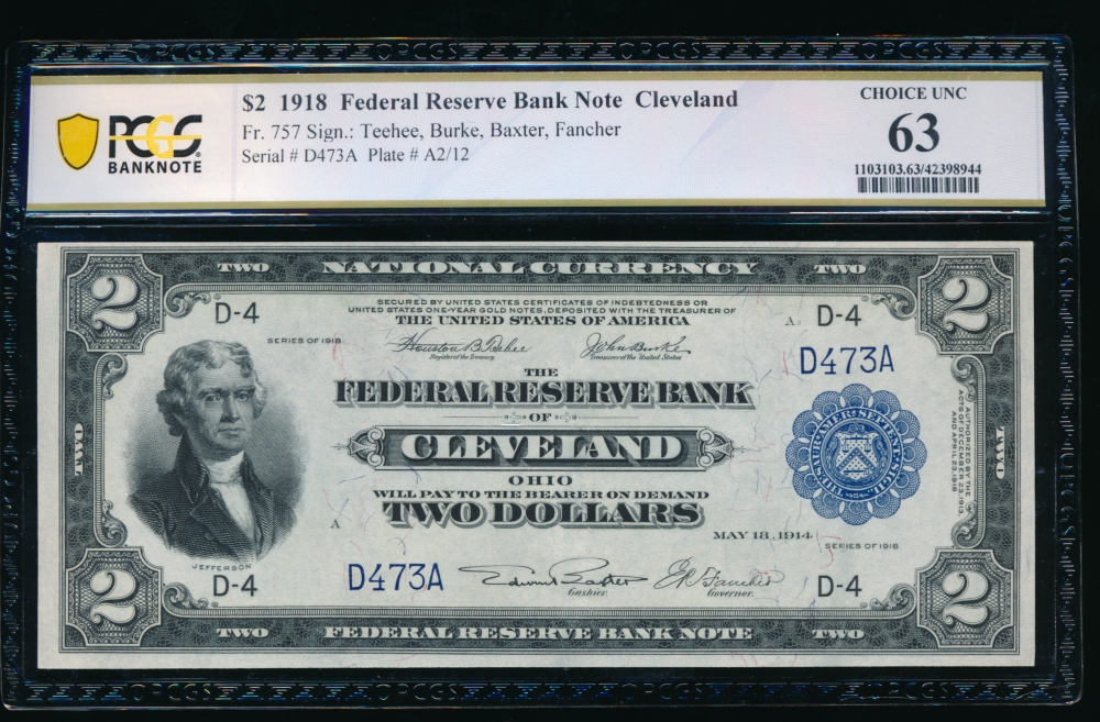 Fr. 757 1918 $2  FRBN Cleveland PCGS 63 D473A